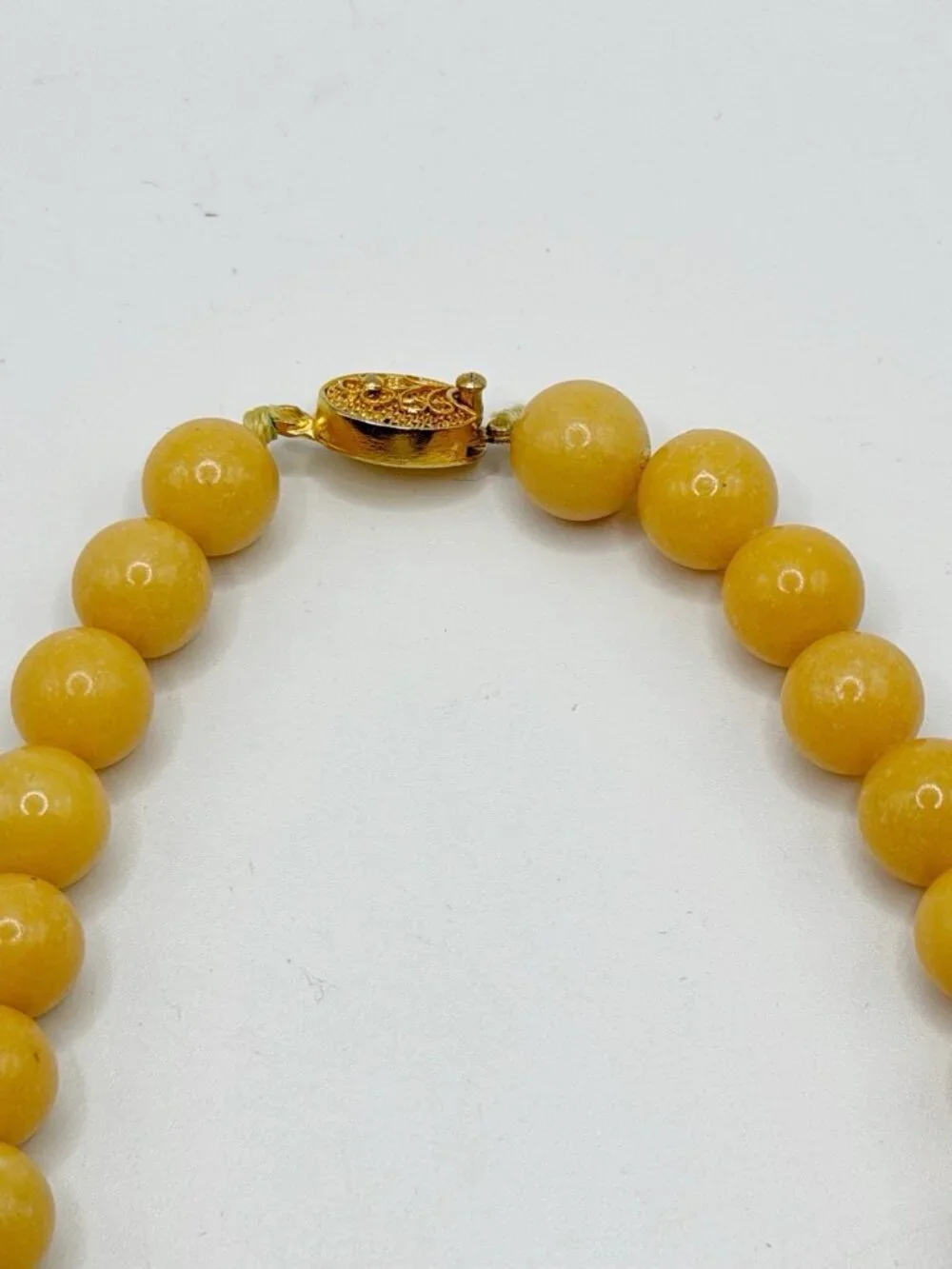 Yellow Jade Jadeite Beaded Necklace With‎ Yellow Cloisonne Pendant 17”